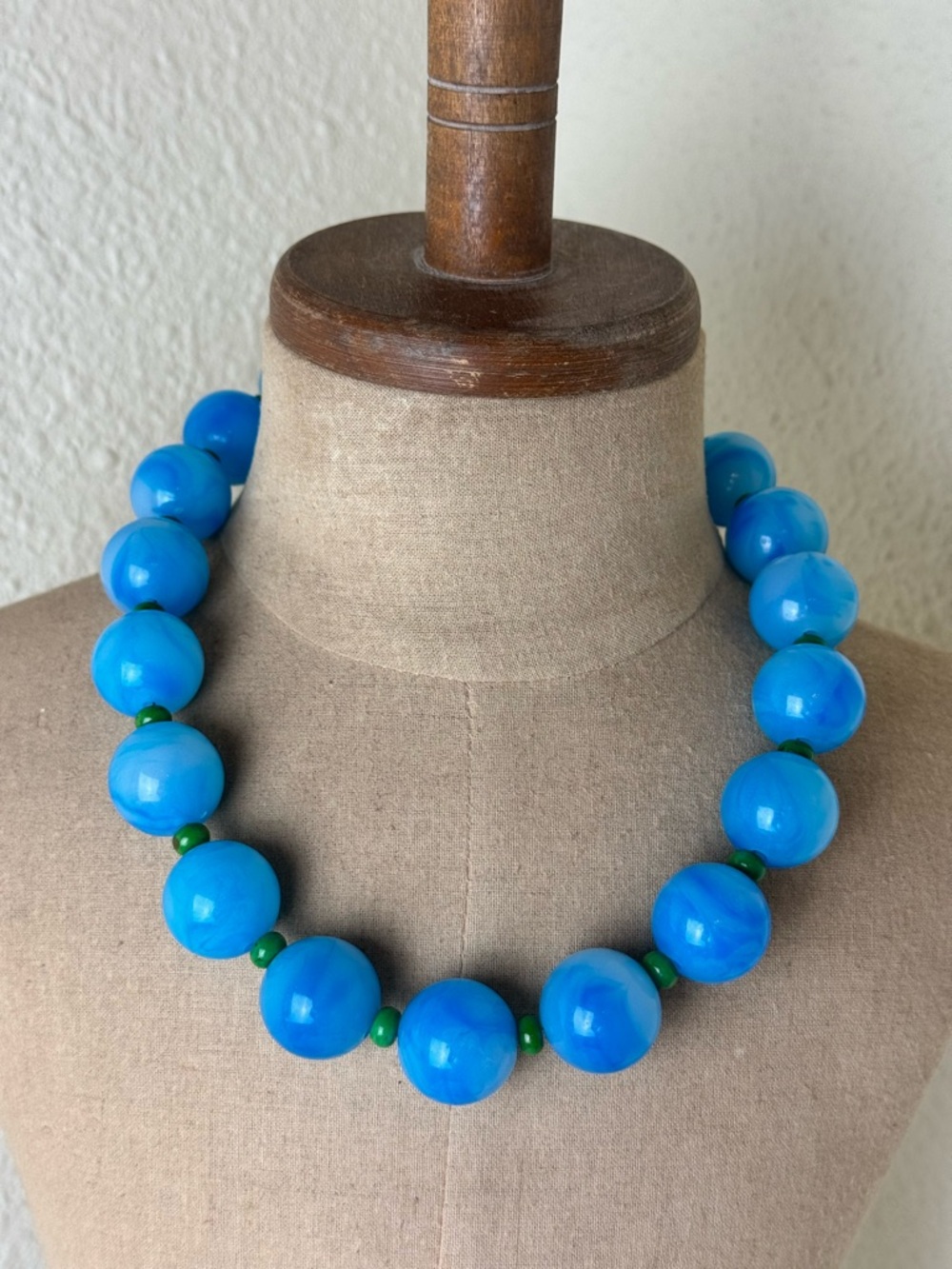 Blue Lucite Beaded Statement Necklace with Green Howlite Silver Plated Clasp